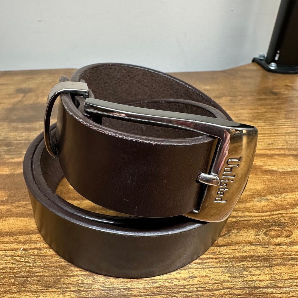 Unlisted Kenneth Cole Mens Brown Genuine Leather Belt Silver Buckle U5752 Size L